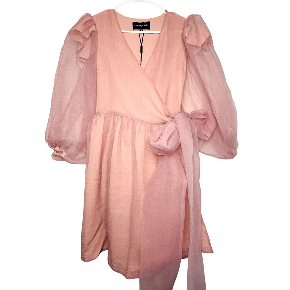 Cynthia Rowley Pink Wrap Mini Dress Sheer Puff Sleeve Ruffle V-Neck Small